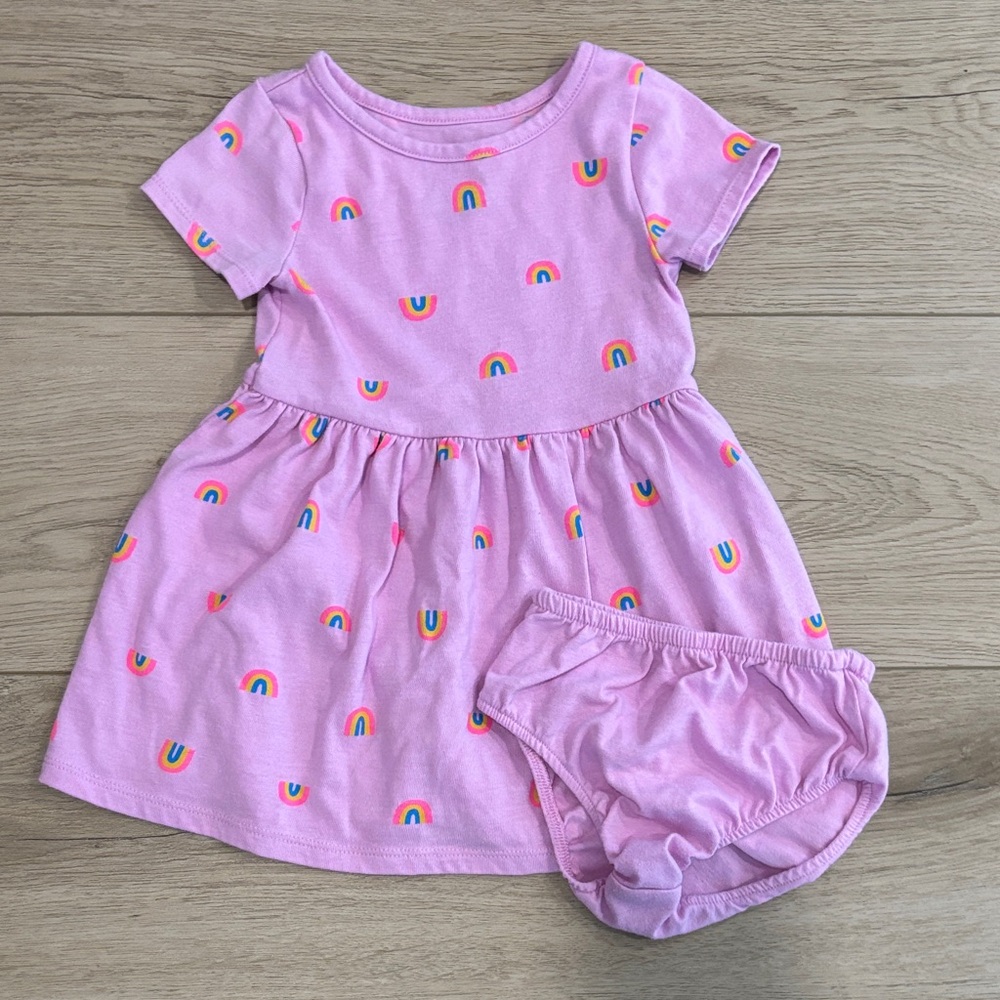 🟡 Cat & Jack Pink Rainbow Patterned Dress with Bloomers size 18 months